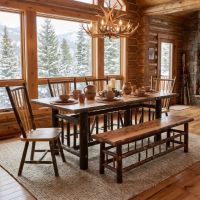 Rustic Hickory Dining Table: Some lifestyle images are created with AI for visualization purposes. Crafted from natural solid wood, each piece is unique and will vary.
