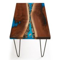 River Ridge Coffee Table - Black Walnut Table Top - Hair Pin Metal Table Base - Light Blue Pearl Epoxy