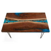 River Ridge Coffee Table - Black Walnut Table Top - Hair Pin Metal Table Base - Light Blue Pearl Epoxy
