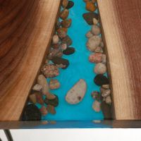 River Ridge Coffee Table - Black Walnut Table Top - Hair Pin Metal Table Base - Light Blue Pearl Epoxy