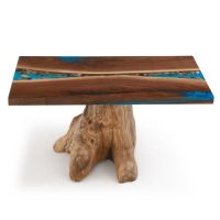 River Ridge Coffee Table - Black Walnut Table Top - Teak Stump Table Base - Light Blue Pearl Epoxy