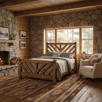 Chevron Pattern Bed: Some lifestyle images are created with AI for visualization purposes. Crafted from natural solid wood, each piece is unique and will vary.
