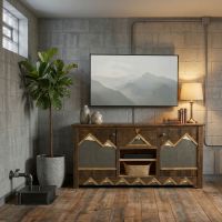 Rustic Entertainment Center: Some lifestyle images are created with AI for visualization purposes. Crafted from natural solid wood, each piece is unique and will vary.