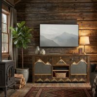 Rustic Entertainment Center: Some lifestyle images are created with AI for visualization purposes. Crafted from natural solid wood, each piece is unique and will vary.