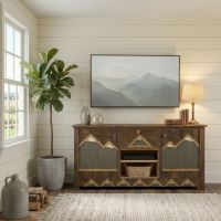 Rustic Entertainment Center: Some lifestyle images are created with AI for visualization purposes. Crafted from natural solid wood, each piece is unique and will vary.