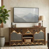 Rustic Entertainment Center: Some lifestyle images are created with AI for visualization purposes. Crafted from natural solid wood, each piece is unique and will vary.