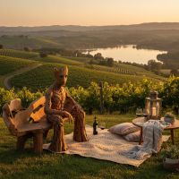 Root Man pauses his journey through worlds to savor golden sunsets and fine wine in Napa Valley.