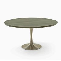 CUSTOM FINISH - Contemporary Natural Wood Pedestal Dining Table - Chamfer Edge Smooth Alder Table Top - CUSTOM Ebony Table Top Finish - Silver Steel Table Base