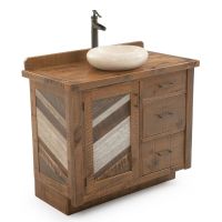 Round Speckled Marble Vessel Sink on Rustic Chevron Barnwood Vanity
