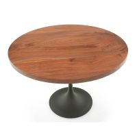 Contemporary Natural Wood Pedestal Dining Table - Flat Edge Black Walnut Table Top - Natural Clear Table Top Finish - Black Steel Table Base
