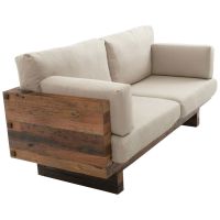 Rustic Real Wood Cushioned Loveseat shown in Natural Reclaimed Wood with Cream Fabric Cushions
