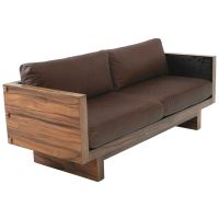 Rustic Real Wood Cushioned Sofa shown in Golden Walnut with Brown Leather Cushions