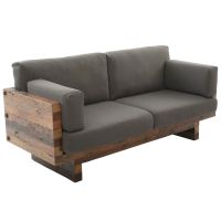 Rustic Real Wood Cushioned Loveseat shown in Natural Reclaimed Wood with Gray Fabric Cushions