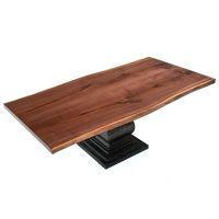 Rustic Refined Hardwood Dining Table With Live Edge Book-Match Black Walnut Tabletop in Natural Clear Tabletop Finish - Ebony Mahogany Table Base