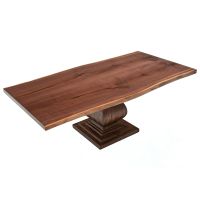 Rustic Refined Hardwood Dining Table With Live Edge Book-Match Black Walnut Tabletop in Natural Clear Tabletop Finish - Natural Mahogany Table Base