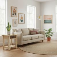 Farmhouse End Table: Some lifestyle images are created with AI for visualization purposes. Crafted from natural solid wood, each piece is unique and will vary.