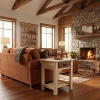 Cottage End Table: Some lifestyle images are created with AI for visualization purposes. Crafted from natural solid wood, each piece is unique and will vary.