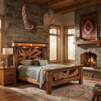 Natural Rustic Bed: Some lifestyle images are created with AI for visualization purposes. Crafted from natural solid wood, each piece is unique and will vary.