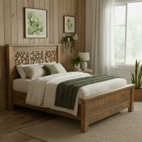 Wooden Barnwood Bed: Some lifestyle images are created with AI for visualization purposes. Crafted from natural solid wood, each piece is unique and will vary.