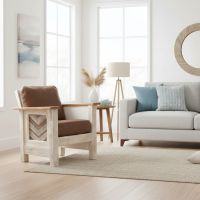 Rustic Modern Accent Chair: Some lifestyle images are created with AI for visualization purposes. Crafted from natural solid wood, each piece is unique and will vary.