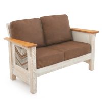 Rustic Chevron Barnwood Loveseat - Brown Genuine Leather Cushions