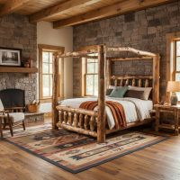 Rustic Canopy Bed: Some lifestyle images are created with AI for visualization purposes. Crafted from natural solid wood, each piece is unique and will vary.