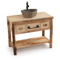 Rustic Colorado Aspen Open Log Bathroom Vanity with Towel Bar & Stone Sink & Faucet Package