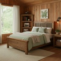 Rustic Modern Wood Bed: Some lifestyle images are created with AI for visualization purposes. Crafted from natural solid wood, each piece is unique and will vary.