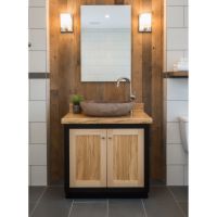 Rustic Stone Sink: Some lifestyle images are created with AI for visualization purposes. Crafted from natural solid wood, each piece is unique and will vary.