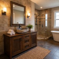 Stone Sink: Some lifestyle images are created with AI for visualization purposes. Crafted from natural solid wood, each piece is unique and will vary.
