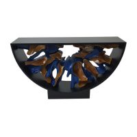Modern Free-Flow Root Console Table with Ebony Frame & Blue Teak