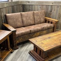 Sawmill Royal Timber Sofa, Shown in Antique Barnwod Finish with Tawny Bark Leather Fabric Cushions