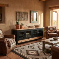 Southwestern Sideboard: Some lifestyle images are created with AI for visualization purposes. Crafted from natural solid wood, each piece is unique and will vary.