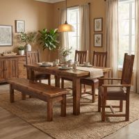 Rustic Dining Room Set: Some lifestyle images are created with AI for visualization purposes. Crafted from natural solid wood, each piece is unique and will vary.