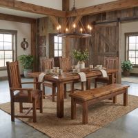 Rustic Dining Room Set: Some lifestyle images are created with AI for visualization purposes. Crafted from natural solid wood, each piece is unique and will vary.