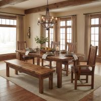 Rustic Dining Room Set: Some lifestyle images are created with AI for visualization purposes. Crafted from natural solid wood, each piece is unique and will vary.