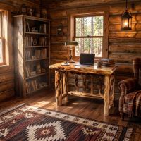 Rustic Log Desk: Some lifestyle images are created with AI for visualization purposes. Crafted from natural solid wood, each piece is unique and will vary.
