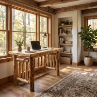 Rustic Log Desk: Some lifestyle images are created with AI for visualization purposes. Crafted from natural solid wood, each piece is unique and will vary.