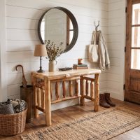 Rustic Log Desk: Some lifestyle images are created with AI for visualization purposes. Crafted from natural solid wood, each piece is unique and will vary.