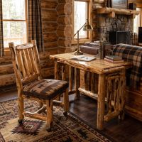 Rustic Log Desk: Some lifestyle images are created with AI for visualization purposes. Crafted from natural solid wood, each piece is unique and will vary.
