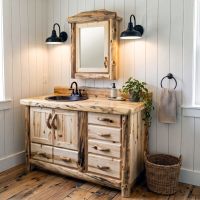 Log Medicine Cabinet: Some lifestyle images are created with AI for visualization purposes. Crafted from natural solid wood, each piece is unique and will vary.
