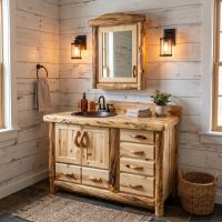 Log Medicine Cabinet: Some lifestyle images are created with AI for visualization purposes. Crafted from natural solid wood, each piece is unique and will vary.
