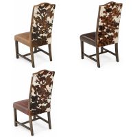 Side Chairs with Cowhide Back: Bomber Jacket Brown Leather (Top Left), Burnt Umber Cypress Leather (Top Right), & Crimson Red Leather (Bottom Left)
