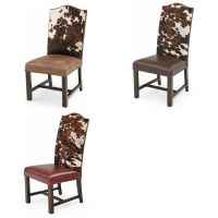 Side Chairs with Cowhide Backrest: Bomber Jacket Brown Leather (Top Left), Burnt Umber Cypress Leather (Top Right), & Crimson Red Leather (Bottom Left)