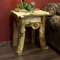 Aspen Lodge 1 Drawer Log Nightstand shown with a flat drawer front and extra character aspen