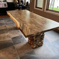 Modern Rustic Stacked Brick Dining Table With Live Edge Golden Walnut Tabletop in Natural Clear Tabletop Finish - Smaller Double Base