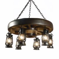 Small Faux Wagon Wheel Chandelier with Lanterns