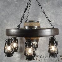 Small Faux Wagon Wheel Chandelier with Lanterns