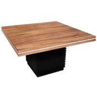Soft Modern Gathering Table shown with Golden Walnut Top & Ebony Stacked Wood Base and Silver Steel accents