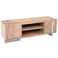 Soft Modern Media Console shown in Antique Distressed Lite White Mahogany 2 Door style with Brushed Silver Steel Base